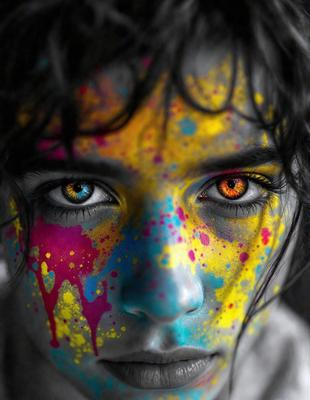 The primary subject of the image is a woman with a face painted in various colors, including blue, yellow, and red. She has a striking appearance with her vibrant makeup. The setting is a close-up of her face, and the visual style is a combination of a photo and digital art. The colors and mood of the image are lively and energetic, with the woman's face being the main focus of the scene.